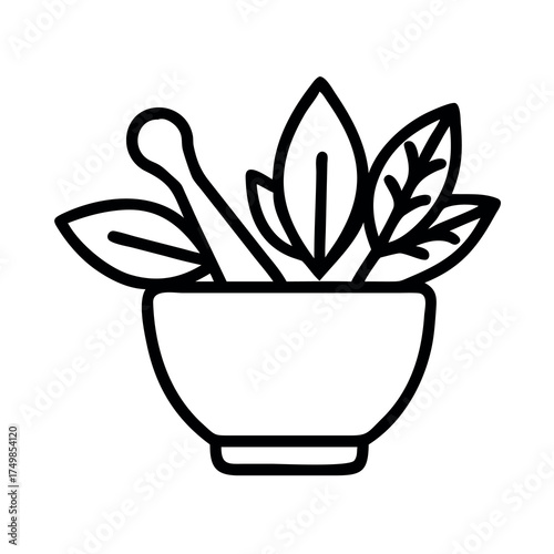 Herbal remedy preparation mortar and pestle with fresh green leaves
