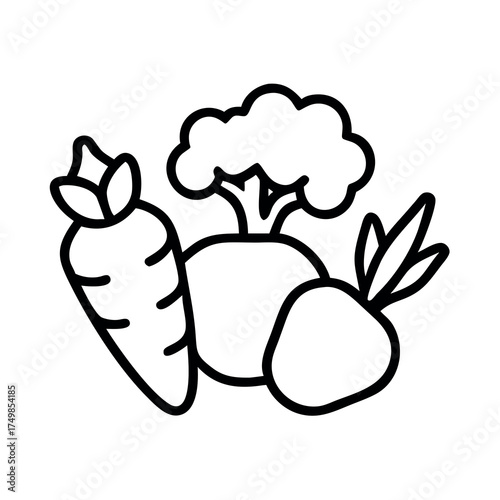 Simple line art illustration of fresh root vegetables and broccoli florets