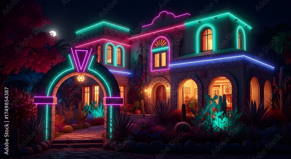 Obraz premium Enchanting two-story villa outlined in teal and magenta neon lights, with glowing archway and windows, surrounded by lush gardens and desert plants, creating a magical, festive ambiance under the moon