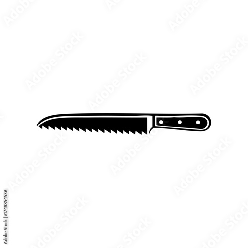Sharp black bread knife with serrated blade symbolizing kitchen tools, cooking, and culinary precision.
