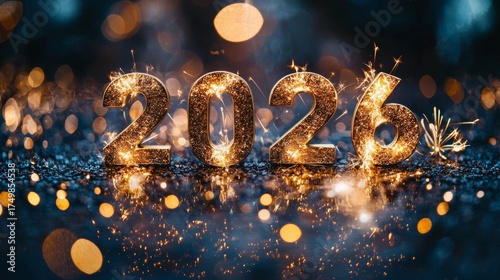 Sparkling Golden 2026 New Year Celebration: Glittering Numbers with Bokeh Lights and Sparklers on a Dark Reflective Surface