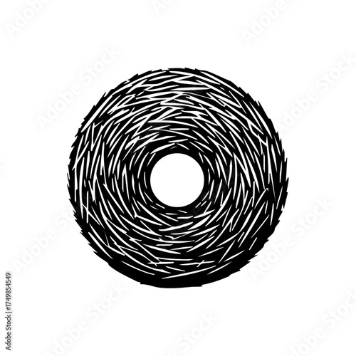 Circular black hay bale pattern representing agriculture, harvest, and rural farming traditions.
