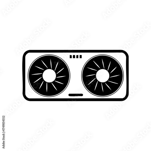 Stylized black graphic of a dual-fan graphics card representing GPU hardware and gaming performance technology.
