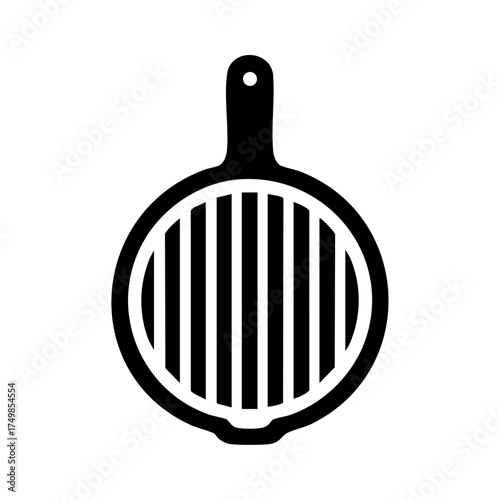 Simple black depiction of a round griddle pan used for grilling food and cooking on a stovetop or open flame.
