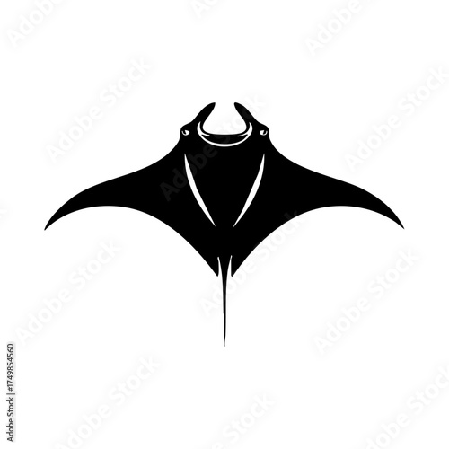 Stylized black manta ray design representing ocean life, underwater freedom, and graceful marine movement.
