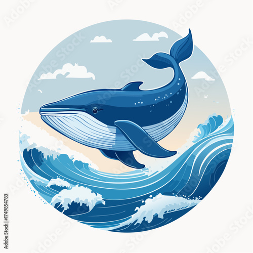 Cartoon whale breaching waves illustration design symbol