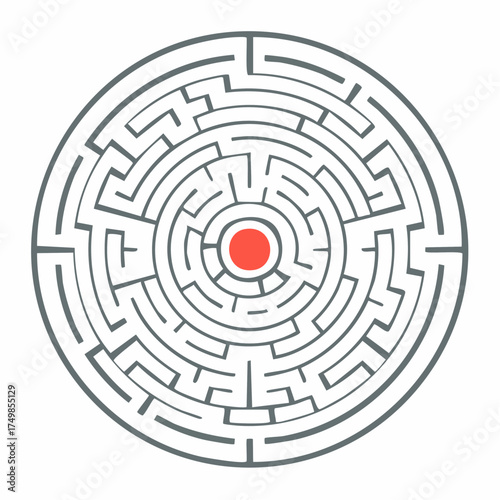 Circular maze illustration with red center concept of challenge and solution