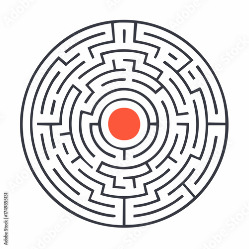 Circular maze illustration with red center on white background