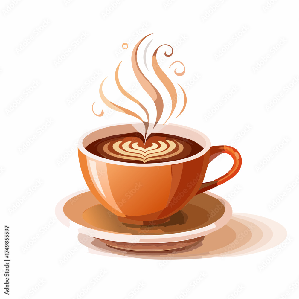 Obraz premium Coffee cup illustration with steam and latte art on white background