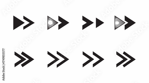 Collection of eight forward arrow icons in varying styles and arrangements on a white background space | editable eps vectors silhouette