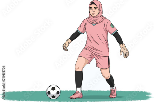 Soccer Star with Hijab Saving Goal, An engaging image of a young female athlete, a rising soccer star, demonstrating quick reflexes and courage with a mid-air dive to defend her goal, proudly wearing 