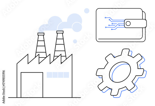 Factory with chimneys emitting smoke, gear symbolizing industrial processes, and digital wallet with circuit illustrating technology. Ideal for technology, finance, innovation, automation, industry