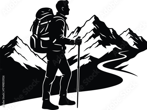 Silhouette of Hiker Standing on Mountain Trail Vector Illustration