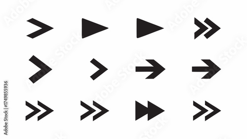 Illustration of twelve black arrow symbols pointing right in various styles on a white background design element | editable eps vectors silhouette