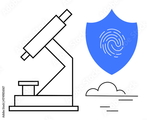 Microscope for analysis beside shield with fingerprint symbolizing security, surrounded by minimalist lines. Ideal for science, research, biometrics, cybersecurity, protection, cloud computing