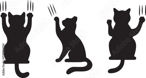 Scratching Cat Silhouette Set Minimalist Black and White Vector Illustration