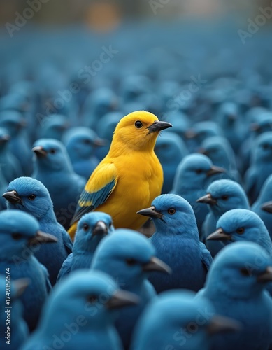 Yellow bird stands out in crowd of blue birds. Bright bird with vibrant feathers differs from uniform blue flock. Unique bird represents individuality, boldness and nonconformity in nature.