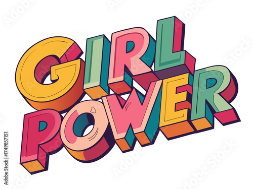  Lettering < Girl Power > Design Illustrator Graphic Style with Customizable Colorful 3d Cartoon Font on Retro Background. Vector Premium Typography Lettering Illustration