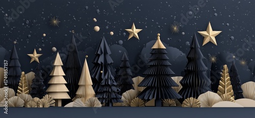 Decorative Paper Trees and Stars Create a Festive Scene Against a Dark Backgr...