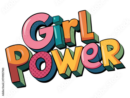  Lettering < Girl Power > Design Illustrator Graphic Style with Customizable Colorful 3d Cartoon Font on Retro Background. Vector Premium Typography Lettering Illustration