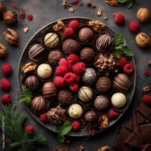 Delicious Assortment of Chocolate Truffles and Fresh Raspberries on a Decorat...