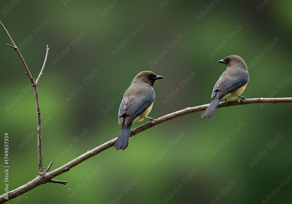 Fototapeta premium A pair of small grey and yellow birds are perched on a thin, bare branch against a soft, out-of-focus green background.