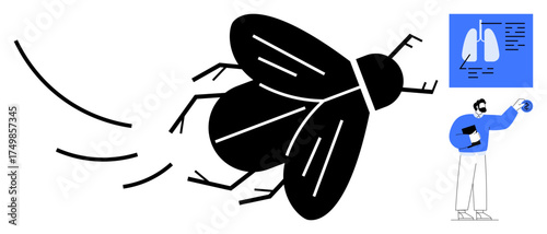 Large insect flying across while researcher studies its biology and respiratory system diagram. Ideal for science, entomology, biology, research, microbiology, health, analysis. Simple flat metaphor