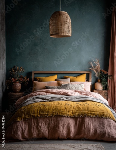 Cozy Bedroom With Colorful Bedding and Natural Decor in a Serene Atmosphere