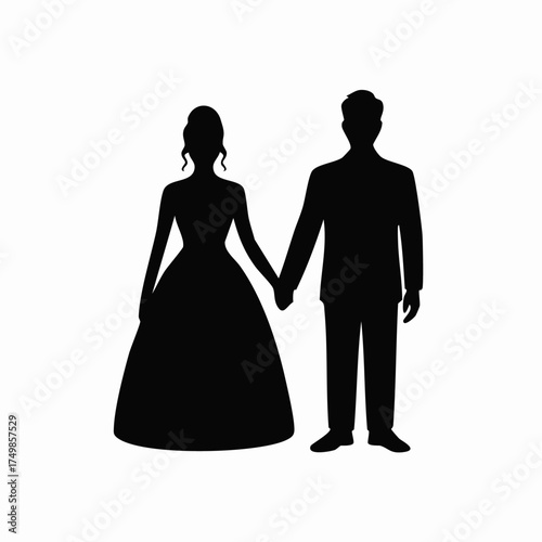 Elegant silhouette of a bride and groom holding hands on their wedding day