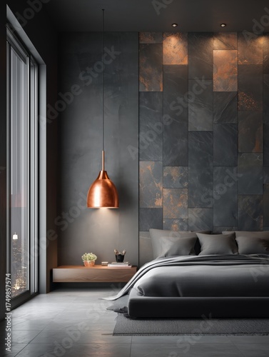 Modern Bedroom Design With Dark Tones and Industrial Style Lighting in Urban ...