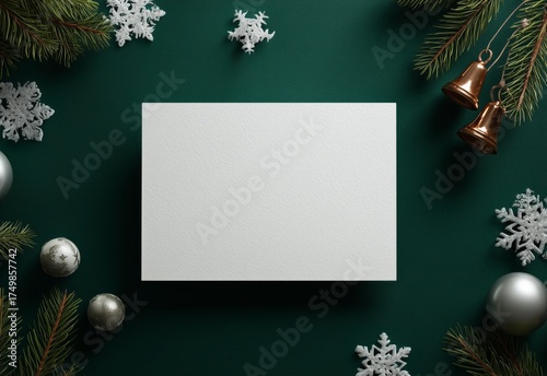 Winter Holiday Decoration With Presents, Ornaments, and Pine on a Green Backg...