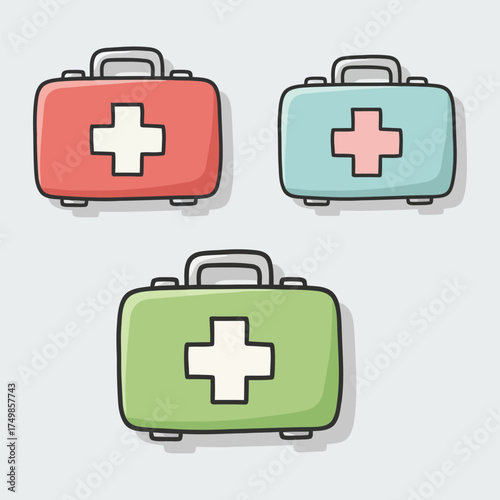 Set of three colorful first aid kits illustration.