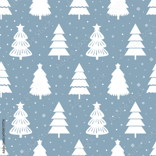 Seamless pattern white Christmas trees on a pale blue background, an atmosphere of comfort, celebration and tranquility. Ideal for Christmas decorations, packaging, postcards and winter designs.