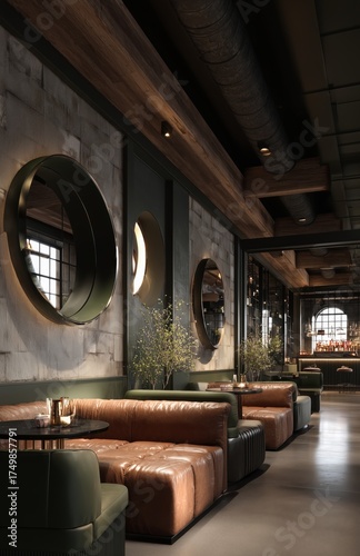 Modern Lounge Setting With Circular Windows and Cozy Seating in an Upscale Cafe