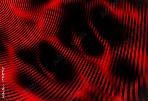 Abstract futuristic background with vibrant red parallel lines curving and bending on a black surface, creating a hypnotic digital wave interference pattern and optical illusion