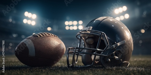 Football Helmet and Ball on the Field During a Night Game Under Bright Stadiu...