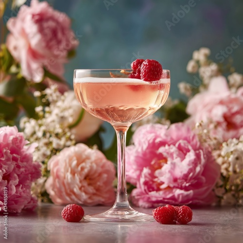 Refreshing Cocktail With Raspberries Surrounded by Beautiful Flowers in a Ser...