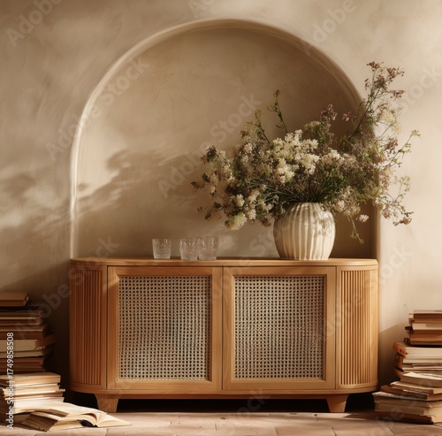 Modern Wooden Cabinet With Decorative Vase in Bright Living Room Setting