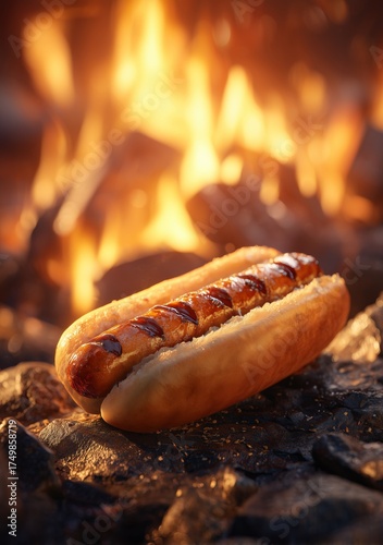 Grilled Hot Dog Resting in a Bun Near a Vibrant Campfire in the Evening Glow