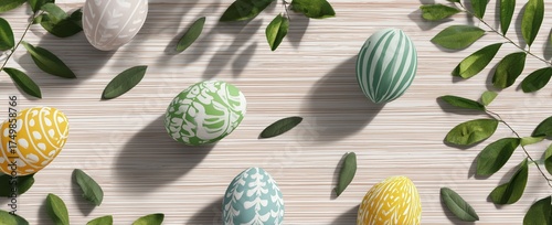 Colorful Decorated Eggs and Green Leaves Arranged on a Light Background Durin...