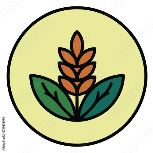 Abstract Grain Plant Icon with Green Leaves on Yellow Background