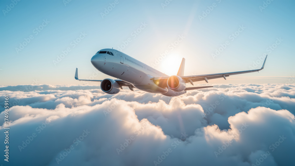 Obraz premium Commercial airplane soars above fluffy clouds during sunset, creating serene and uplifting atmosphere