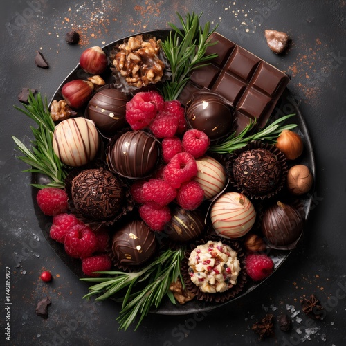 Delicious Assortment of Chocolate Truffles and Fresh Raspberries on a Decorat...