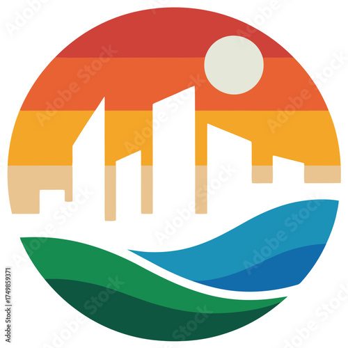 City Skyline Over Green Hills and Blue Water Circle Logo Design