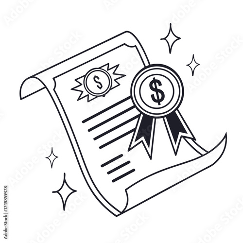 Minimalist outline vector art of a financial success certificate with a dollar emblem, symbolizing monetary reward, business achievement, and investment profitability