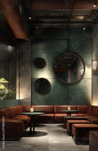Modern Lounge With Stylish Seating and Circular Mirrors in an Urban Setting