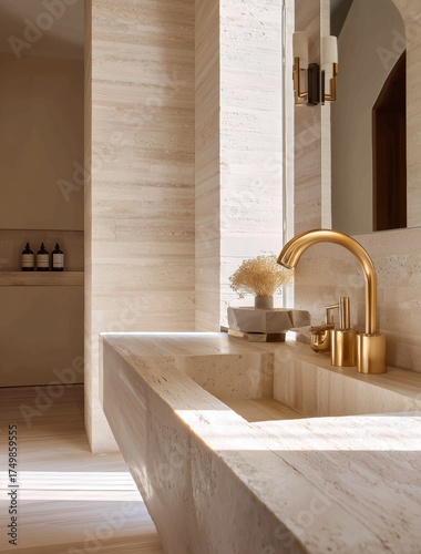 Elegant Bathroom Design Featuring a Golden Faucet and Natural Stone Finishes ...