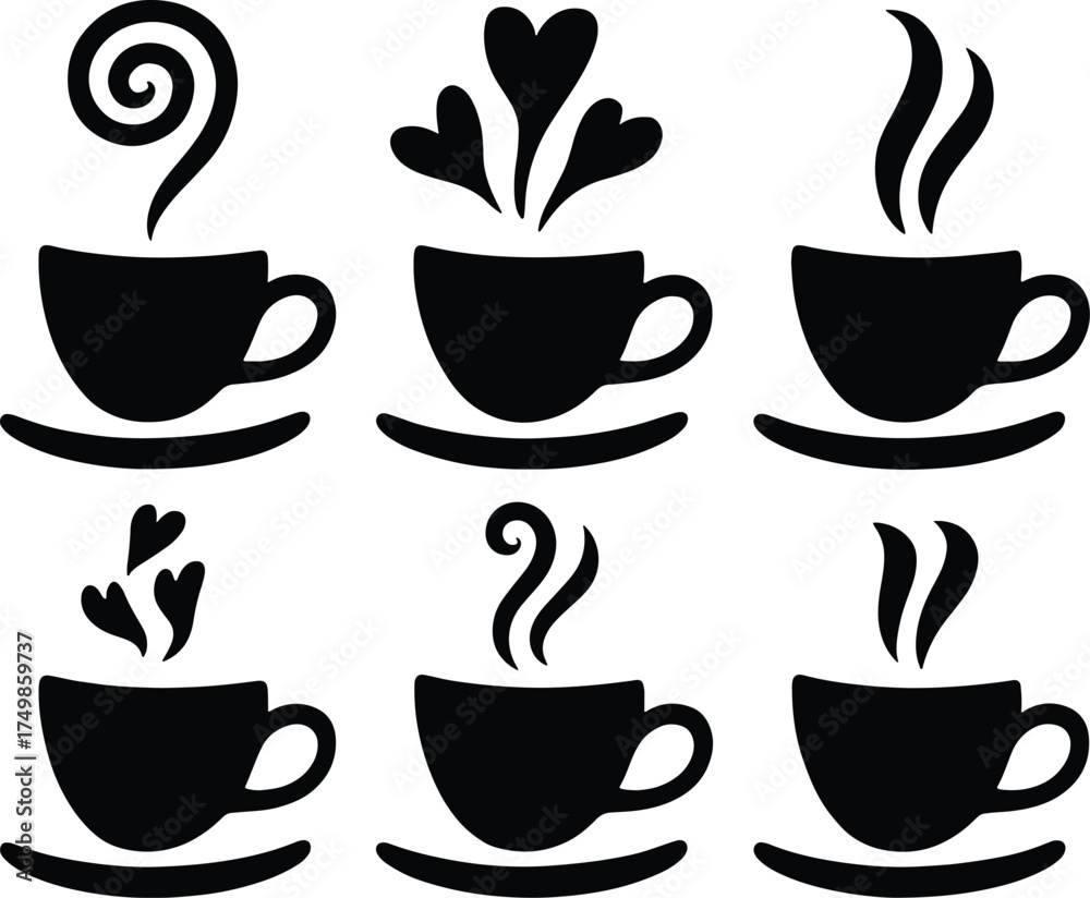 Obraz premium Black and white illustration of various coffee cup silhouettes with steam