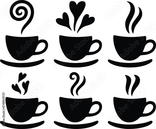 Black and white illustration of various coffee cup silhouettes with steam