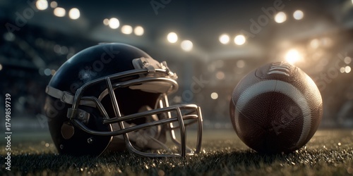 Football Helmet and Ball on the Field During a Night Game Under Stadium Lights